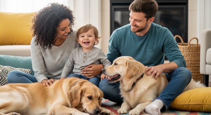 Family playing with two friendly dogs on the living room floor.