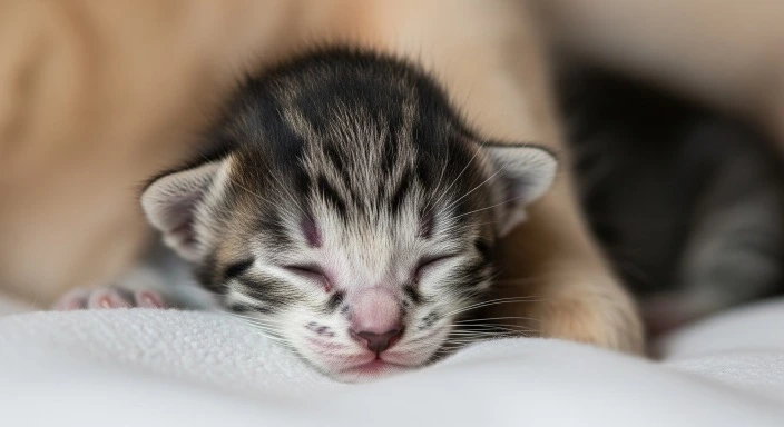 Newborn kitten sleeping beside its mother with eyes closed.