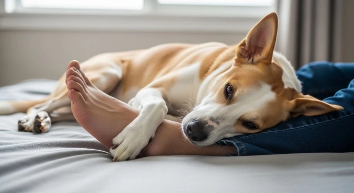 Dog sleeping peacefully at owner’s feet on the bed.