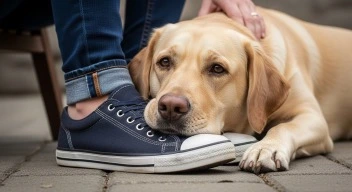 Loyal dog resting its head on owner’s shoes