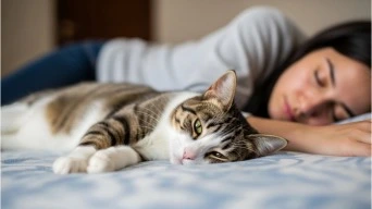 cat sleeping beside owner peacefully
