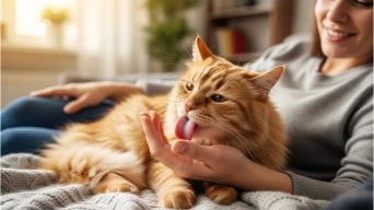Cat licking hand while resting beside owner