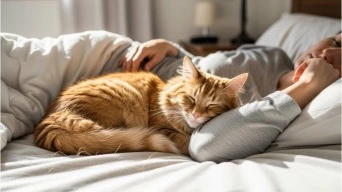 cat bonding with owner while sleeping
