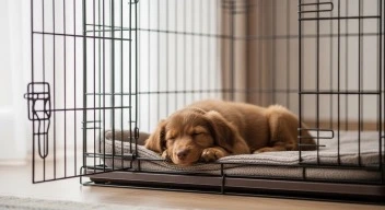 puppy relaxing inside crate during routine nap