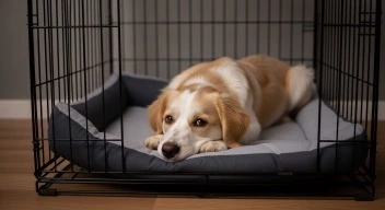 puppy sleeping peacefully in crate at night near owner
