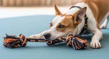 dog playing tug of war with owner gently
